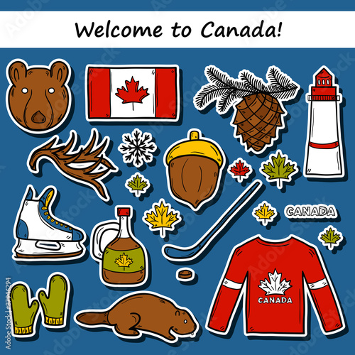 Set of cartoon hand drawn stickers on Canada theme: maple syrup
