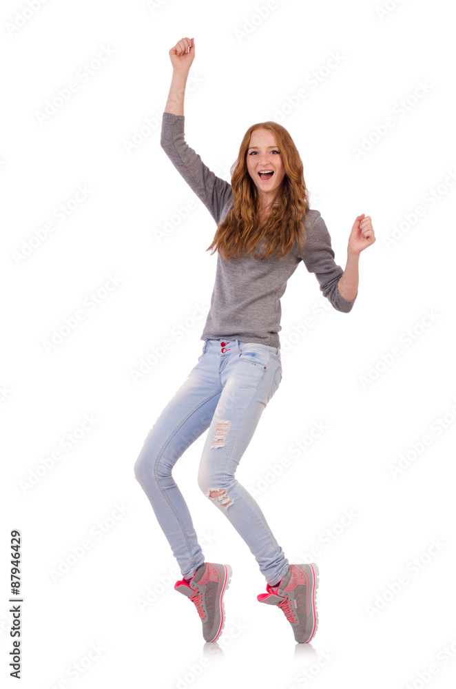 Cute smiling girl in gray blouse and jeans isolated on white Cute smiling girl in gray blouse and jeans isolated on white