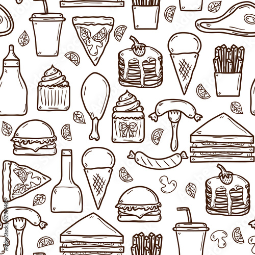 Seamless background with objects on american food theme: fried
