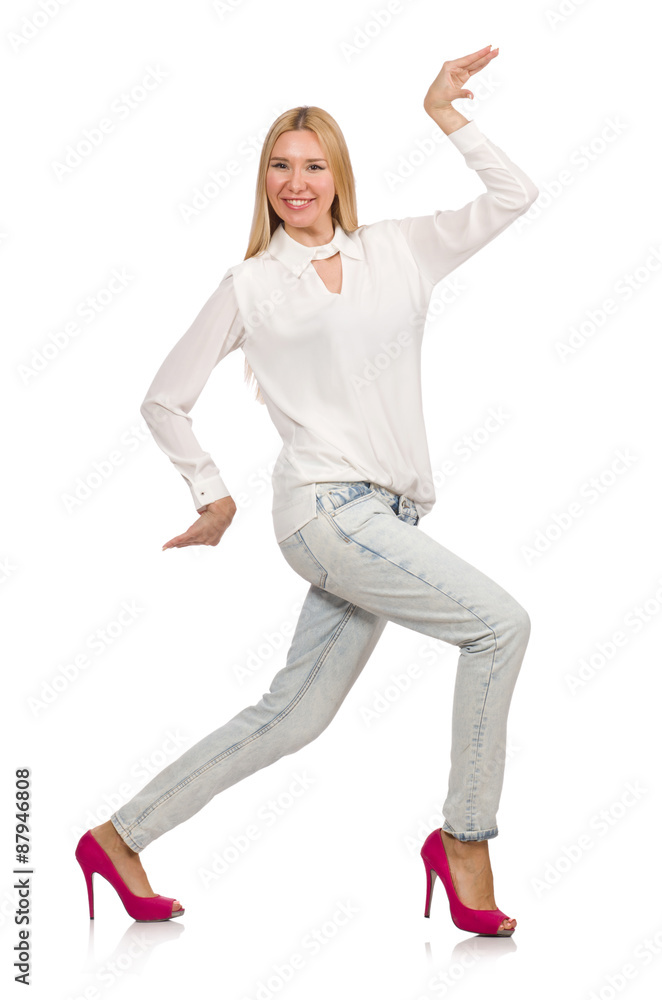Pretty woman in blue jeans isolated on white Pretty woman in blue jeans isolated on white