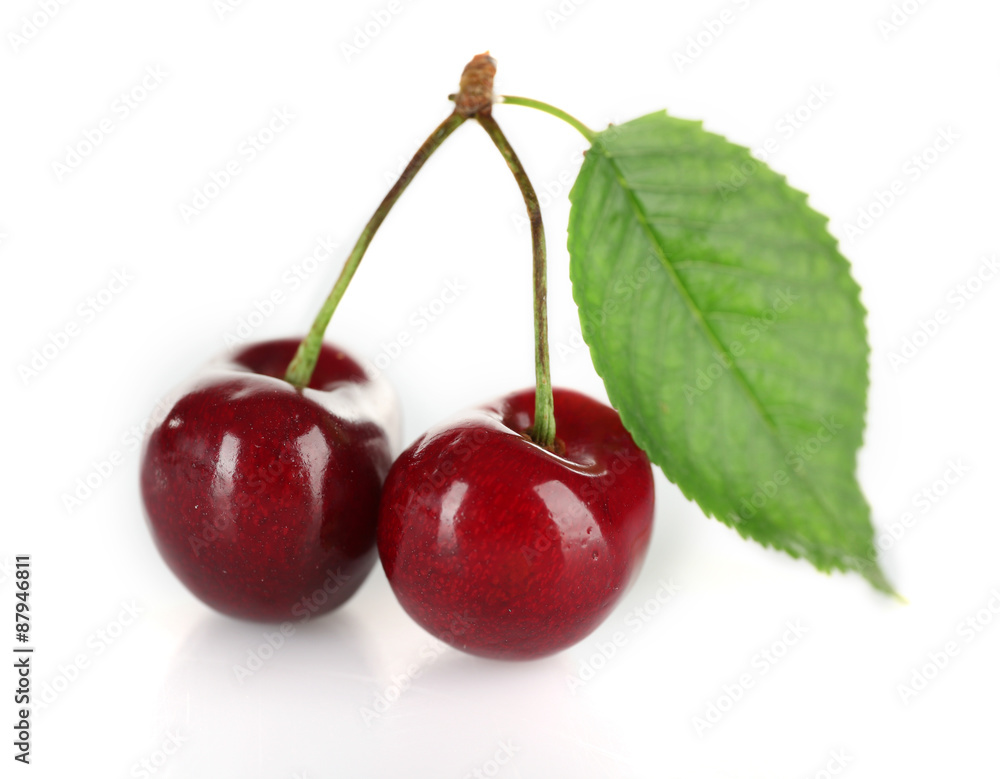 Fresh cherries with leaf isolated on white Fresh cherries with leaf isolated on white