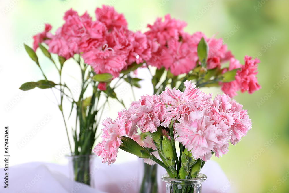 Beautiful bouquet of pink carnation in vases on bright background Beautiful bouquet of pink carnation in vases on bright background
