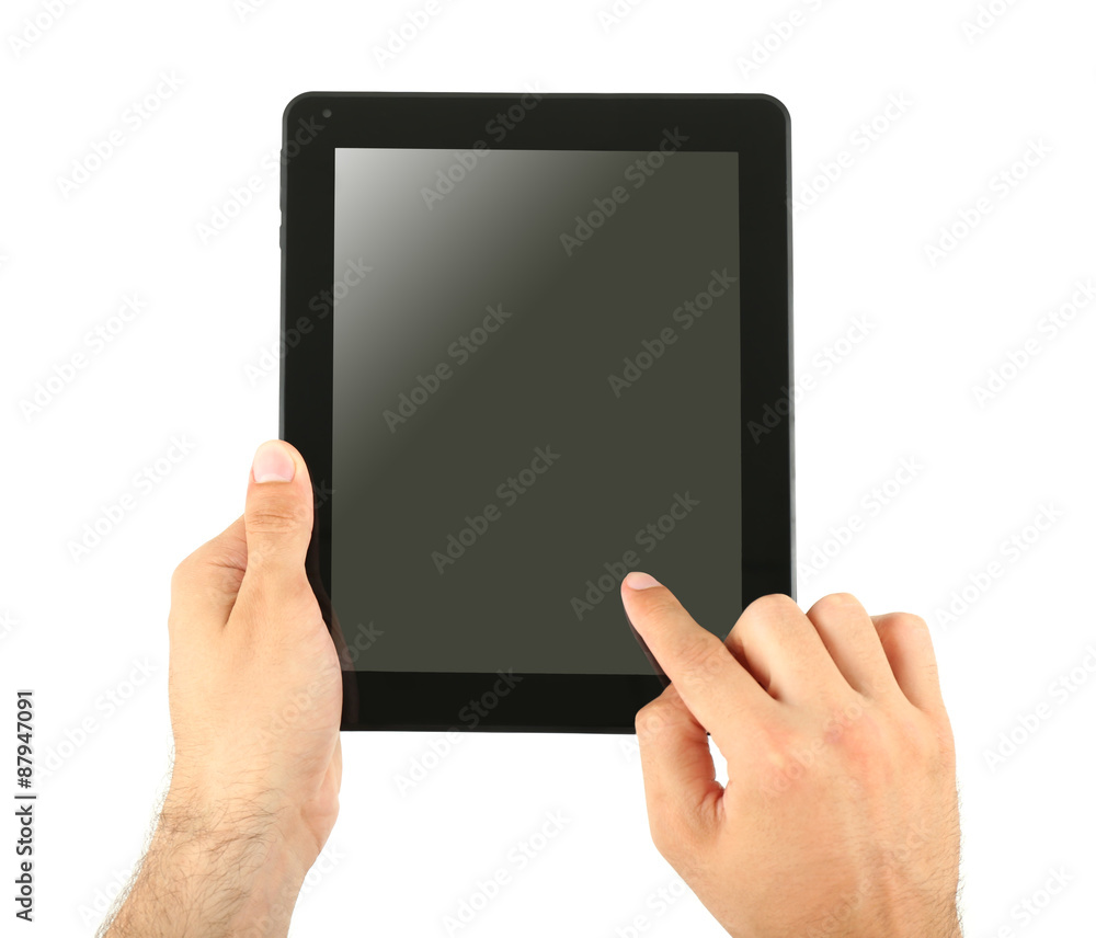 Male hands holding tablet isolated on white Male hands holding tablet isolated on white