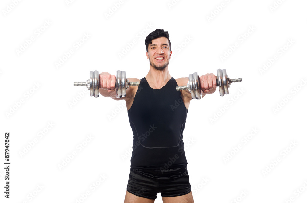 Man with dumbbells isolated on white Man with dumbbells isolated on white