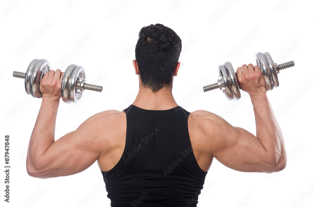 Man with dumbbells isolated on white Man with dumbbells isolated on white