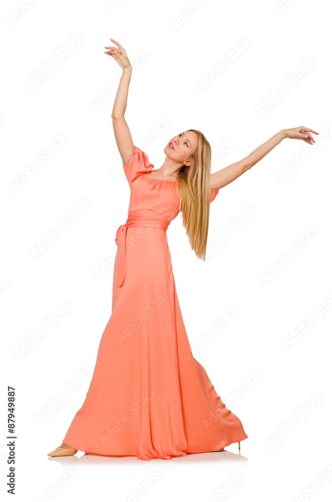 Fototapeta premium Young woman in pink romantic dress isolated on white