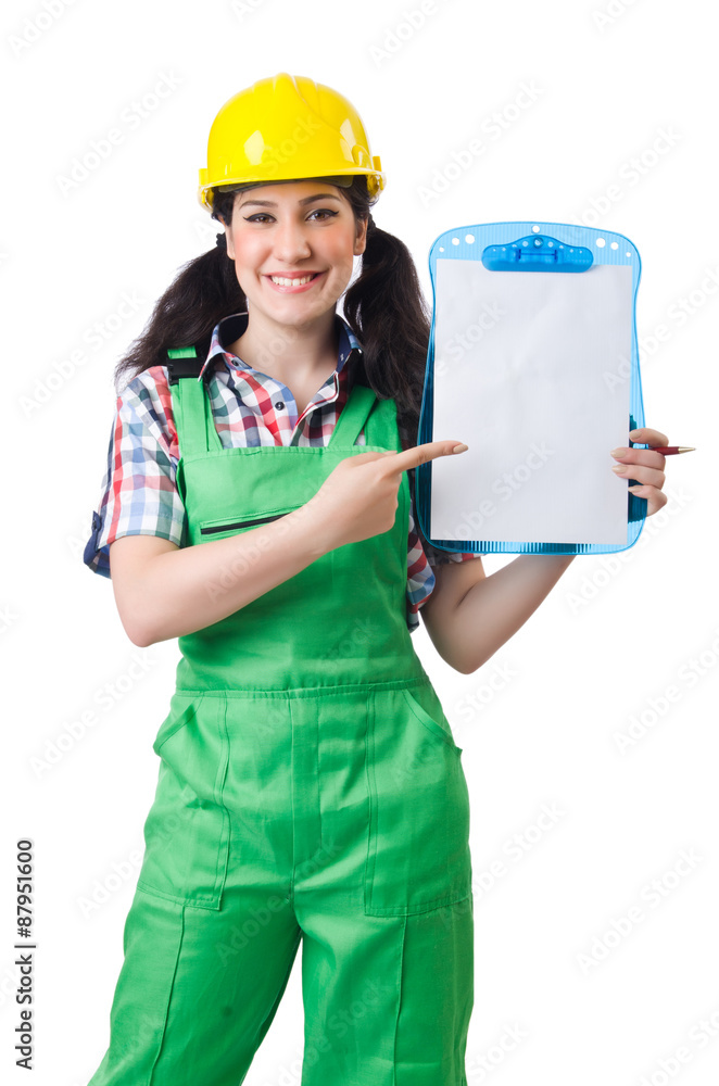 Female workman in green overalls isolated on white Female workman in green overalls isolated on white