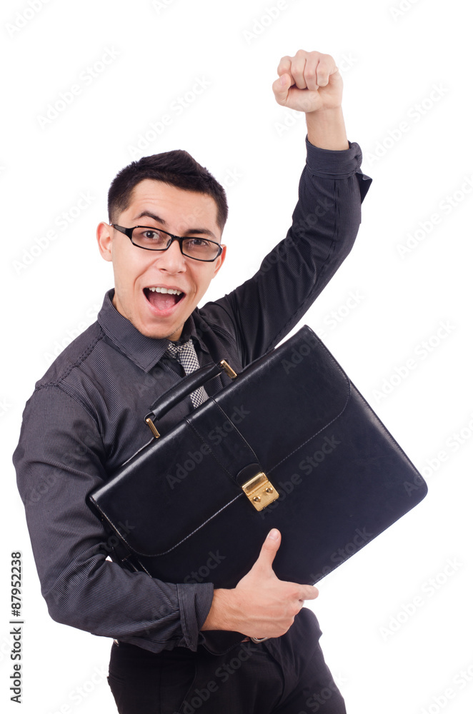 Young man holding briefcase isolated on white Young man holding briefcase isolated on white