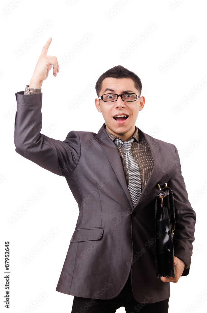 Young man holding briefcase isolated on white Young man holding briefcase isolated on white