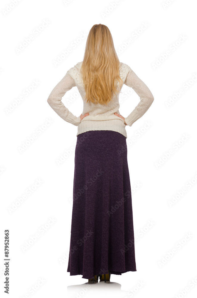 Pretty girl in violet long dress isolated on white