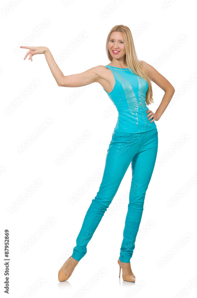 Beautiful girl in blue clothing isolated on white Beautiful girl in blue clothing isolated on white