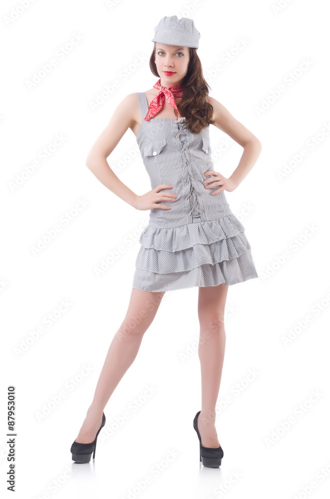 Young woman in gray striped dress isolated on white Young woman in gray striped dress isolated on white