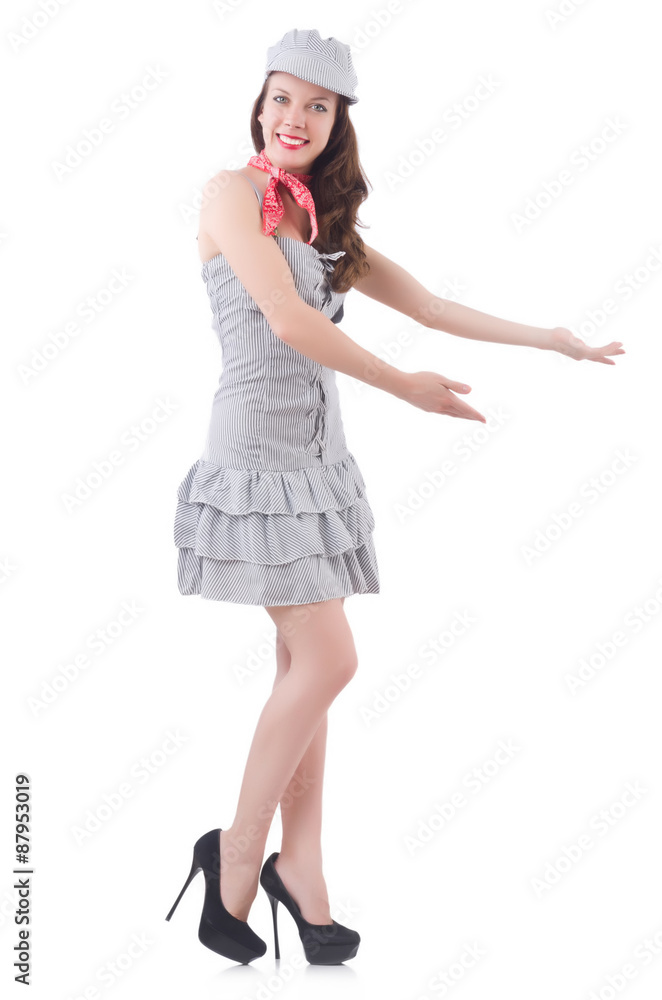 Young woman in gray striped dress isolated on white Young woman in gray striped dress isolated on white