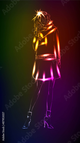 Hand-drawn fashion model from a neon. A light girl's