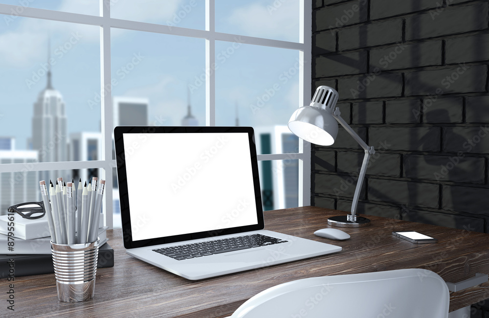 3D illustration laptopand work stuff on table near brick wall 3D illustration laptopand work stuff on table near brick wall