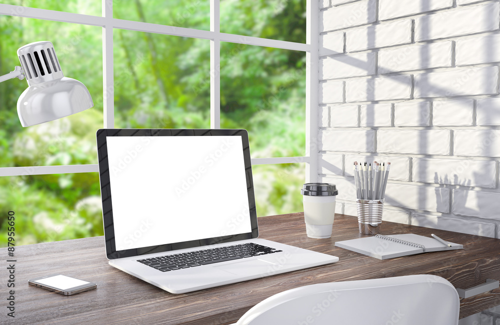 3D illustration laptopand work stuff on table near brick wall 3D illustration laptopand work stuff on table near brick wall