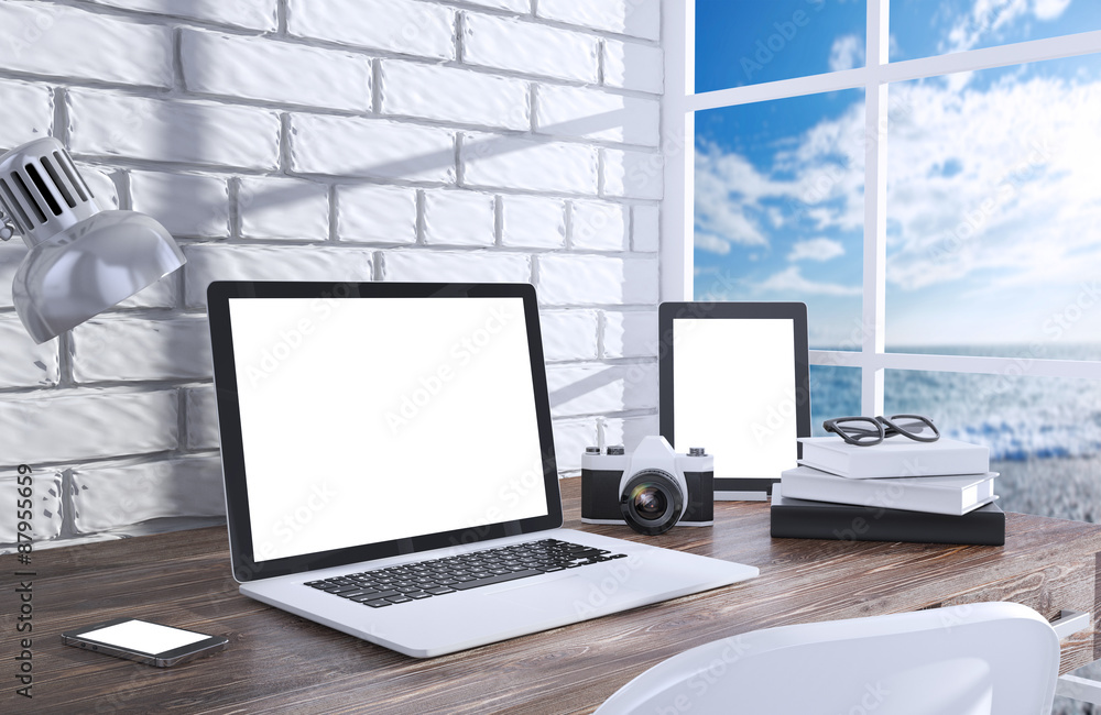 Fototapeta premium 3D illustration laptopand work stuff on table near brick wall