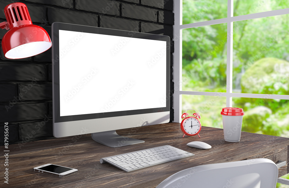 Fototapeta premium 3D illustration PC screen on table in office, Workspace