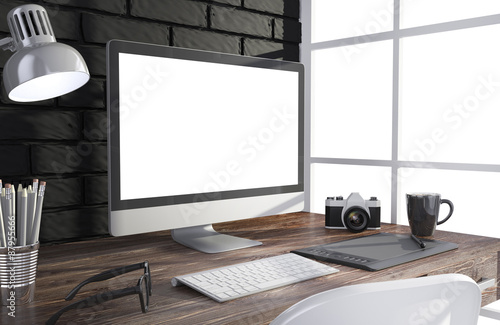 3D illustration PC screen on table in office, Workspace