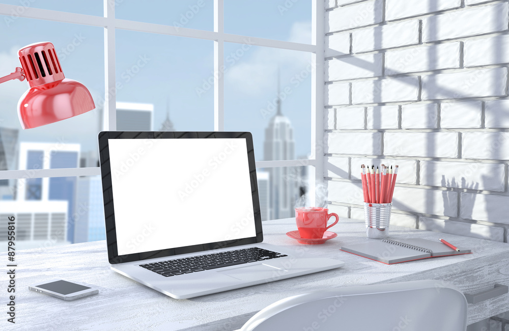 Fototapeta premium 3D illustration laptopand work stuff on table near brick wall