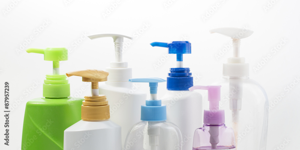 Close up Plastic bottle of skin care product on white background Close up Plastic bottle of skin care product on white background