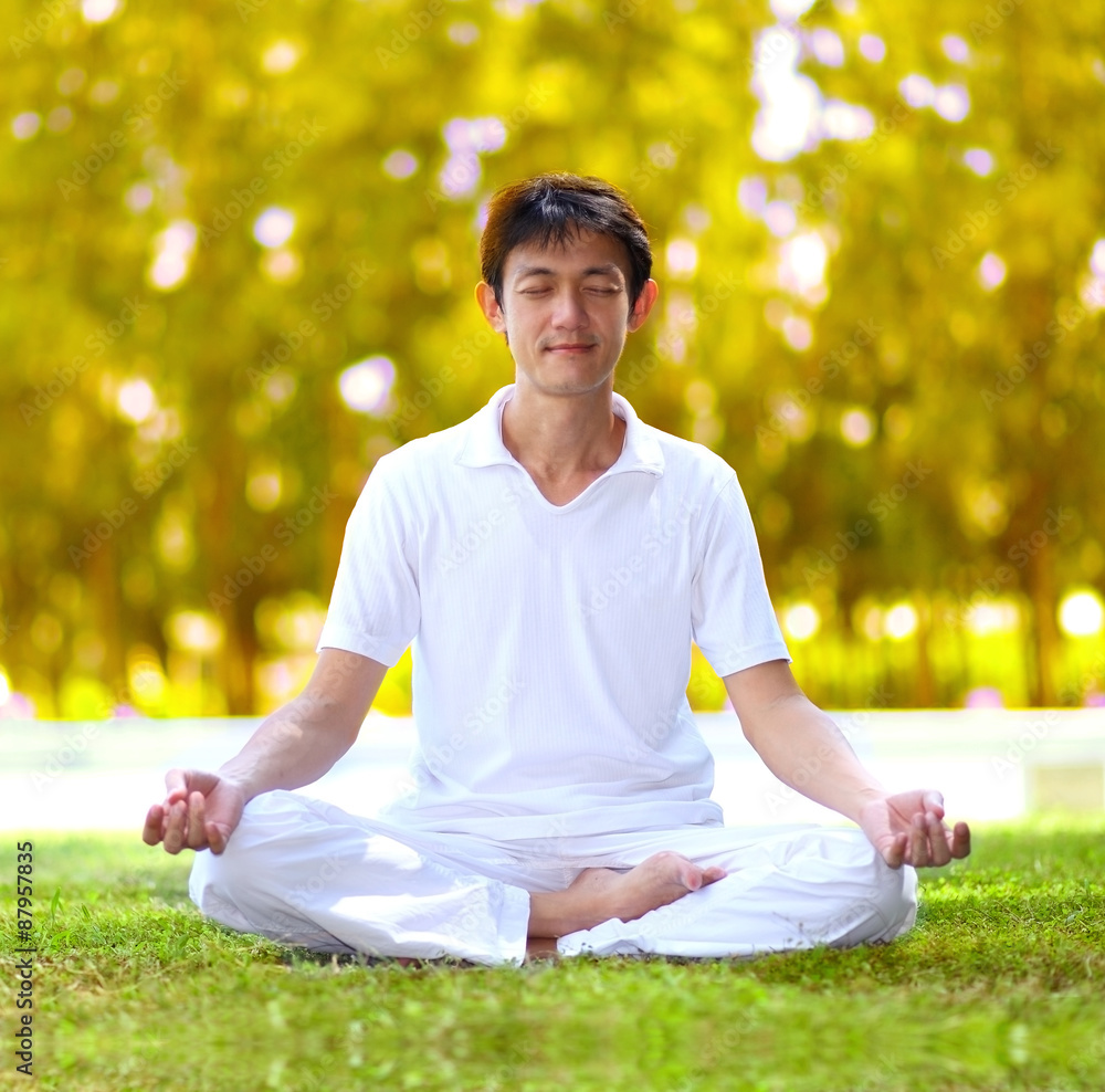 Fototapeta premium young man meditating in autumn park.