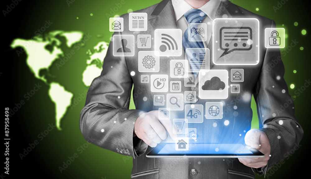 Business man using tablet PC with social media icon set Business man using tablet PC with social media icon set
