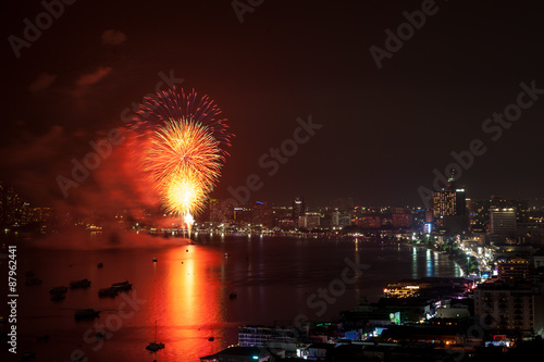 Night view and fireworks at Pattaya city, Thailand