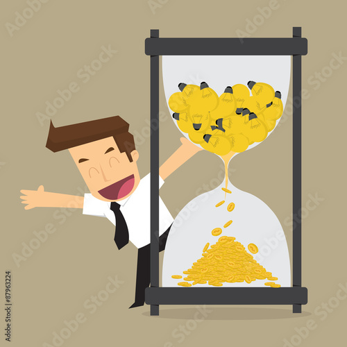 business man with an hourglass that change the light bulb idea i