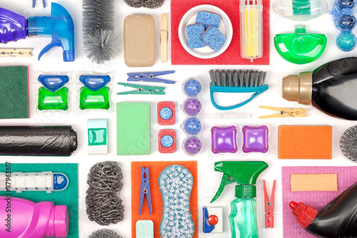 cleaning supplies on white background 