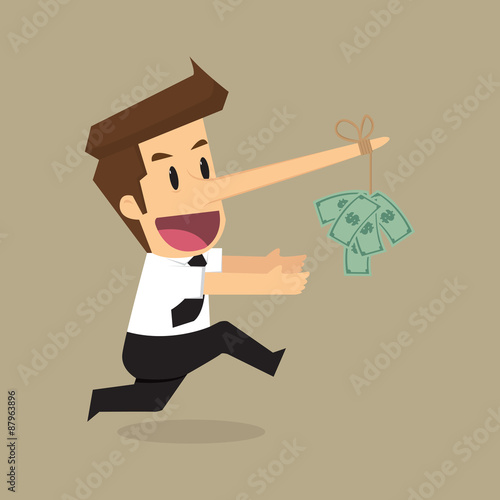 Businessman with a long nose money on money as bait
