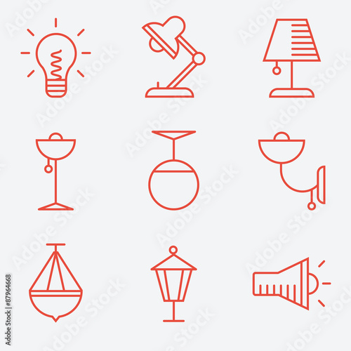 Lamp icons, thin line style, flat design