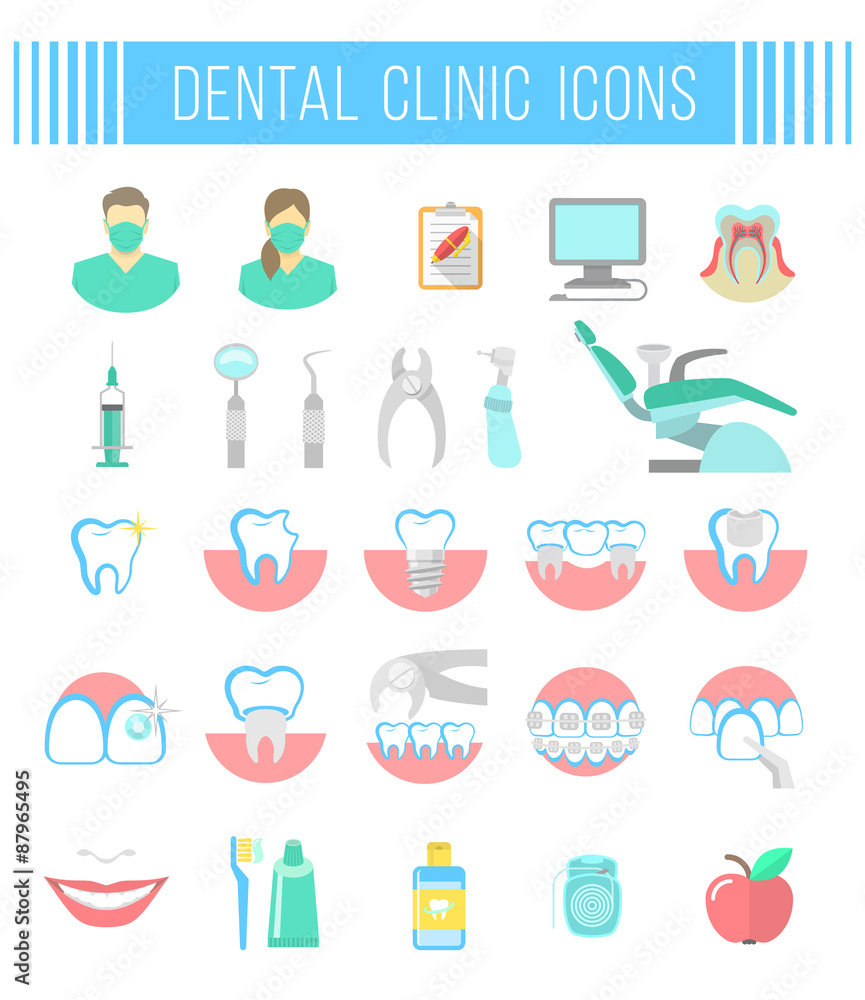 Set of modern flat vector conceptual icons of dental clinic services, stomatology, dentistry, orthodontics, oral health care and hygiene, tooth restoration, dental instruments. Isolated on white Set of modern flat vector conceptual icons of dental clinic services, stomatology, dentistry, orthodontics, oral health care and hygiene, tooth restoration, dental instruments. Isolated on white