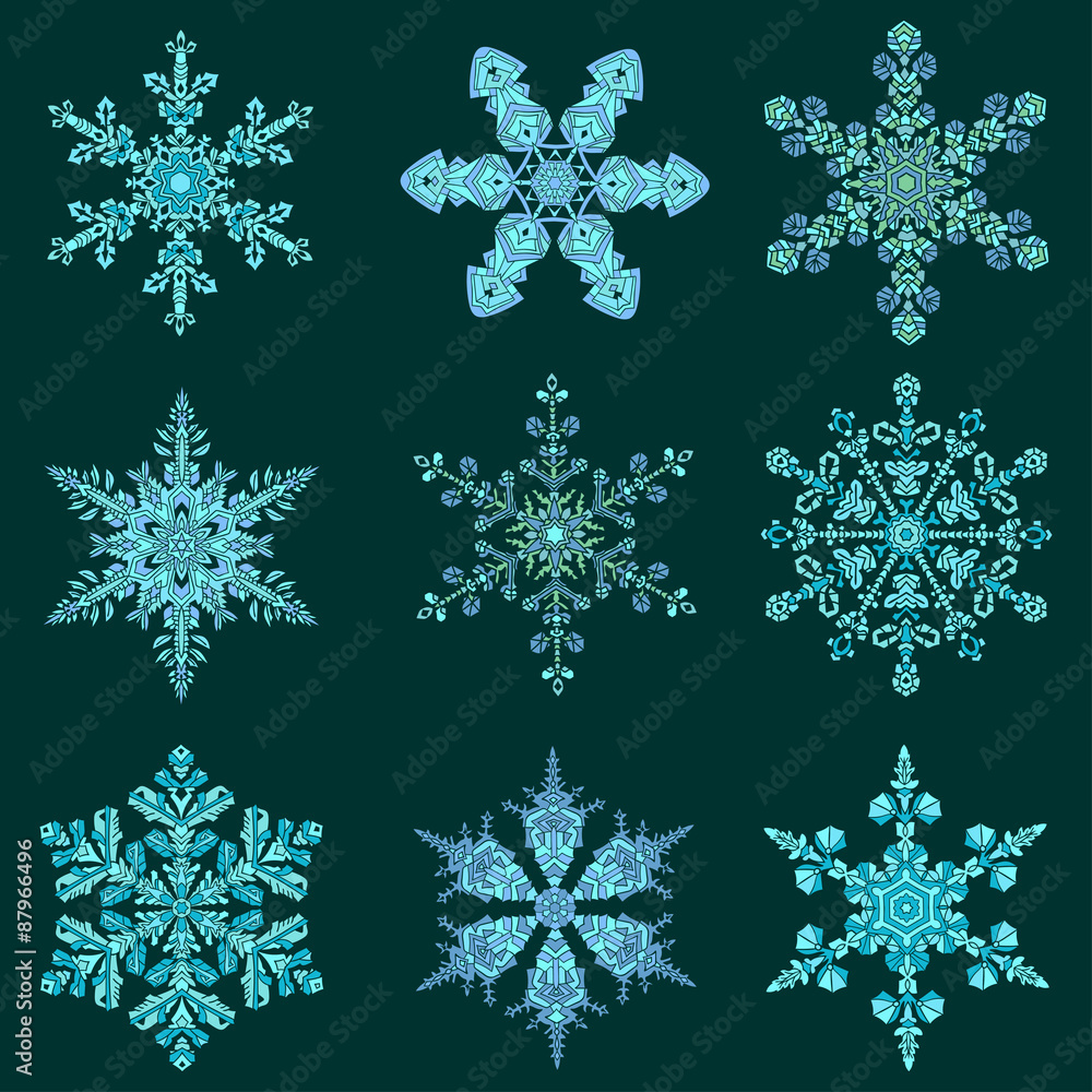 Set hand-drawn doodles color snowflake. Zentangle mandala style. Set hand-drawn doodles color snowflake. Zentangle mandala style.