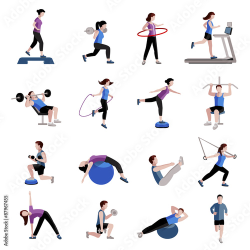 Fitness men women flat icons set