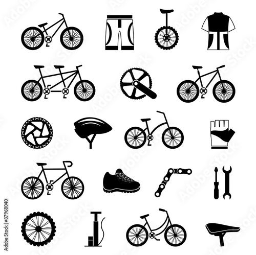 Bicycle accessories black icons set 