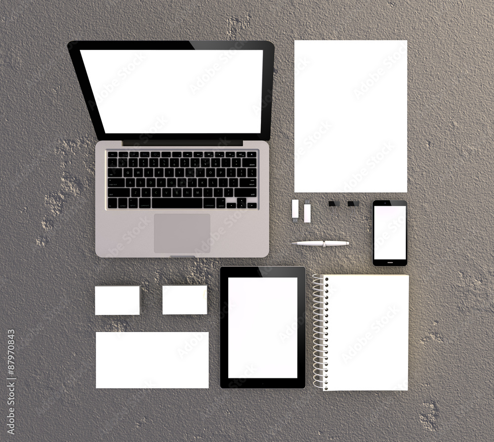 3d Generated Blank Stationery And Corporate Id Template Business Cards Laptop Computer Letterhead Tablet Pc Usb Flash Drives Pen Envelope Cd Case Notes And Smart Phone Stock Illustration Adobe Stock