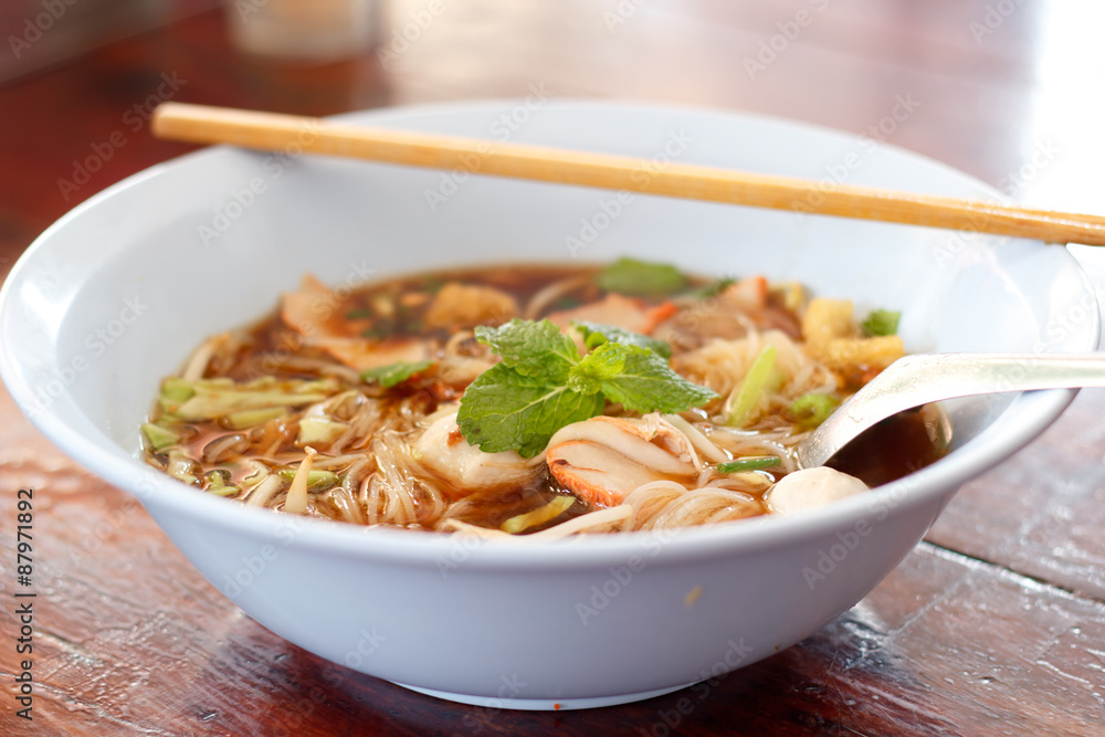 hot bowl of noodles in cafeteria. hot bowl of noodles in cafeteria.