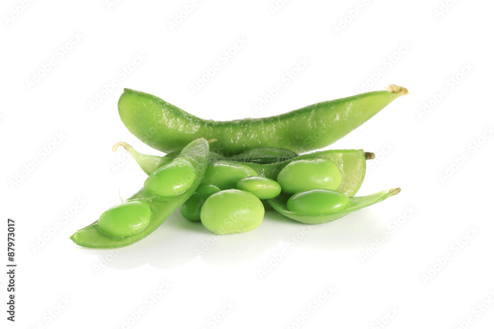 Green soybeans on white background Green soybeans on white background