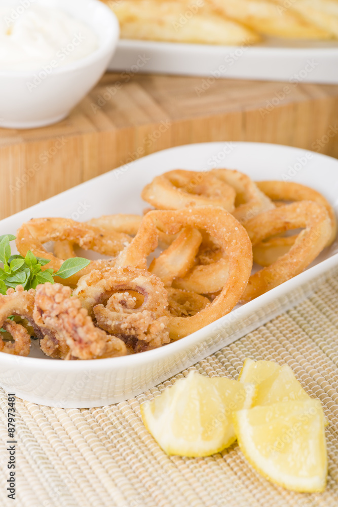 Calamari - Deep-fried squid rings served with garlic mayo.
Calamari - Deep-fried squid rings served with garlic mayo.