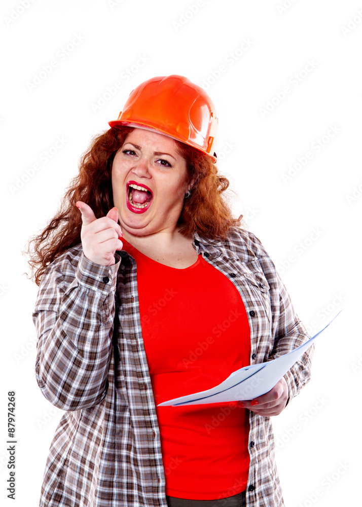the fat woman in an elegant building headdress depicts different emotions with specific goals isolated on the white background. The woman holding a sheet or project. the fat woman in an elegant building headdress depicts different emotions with specific goals isolated on the white background. The woman holding a sheet or project.