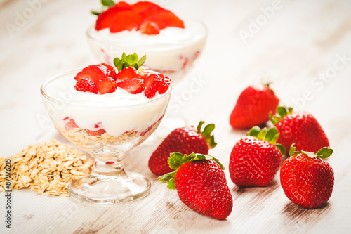 Juicy and healthy strawberries with breakfast cereals for breakf