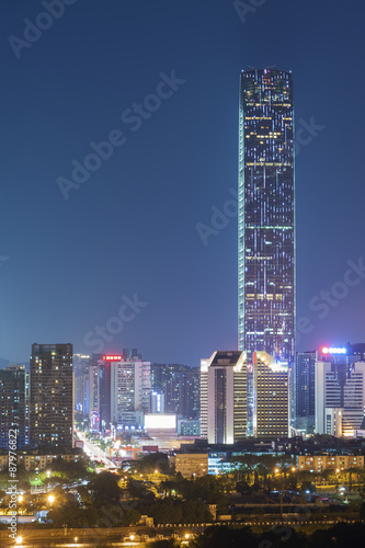 Skyline of Shenzhen City, China at twilight. Viewed from Hong Kong border