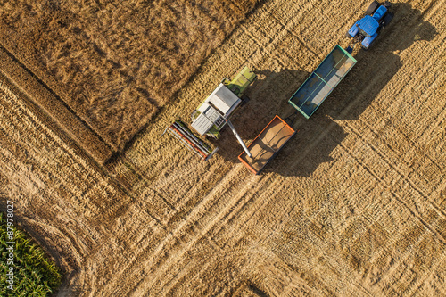  aerial view of the combine on harvest field