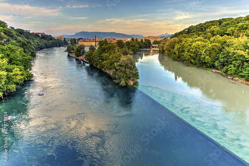 Rhone and Arve river confluence, Geneva, Switzerland, HDR photo