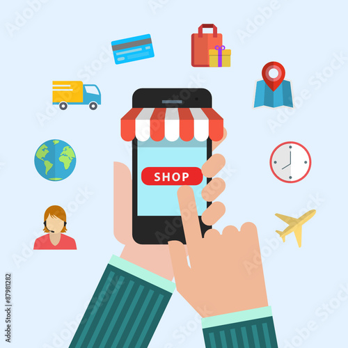 Online mobile shopping and on the go purchase icons.