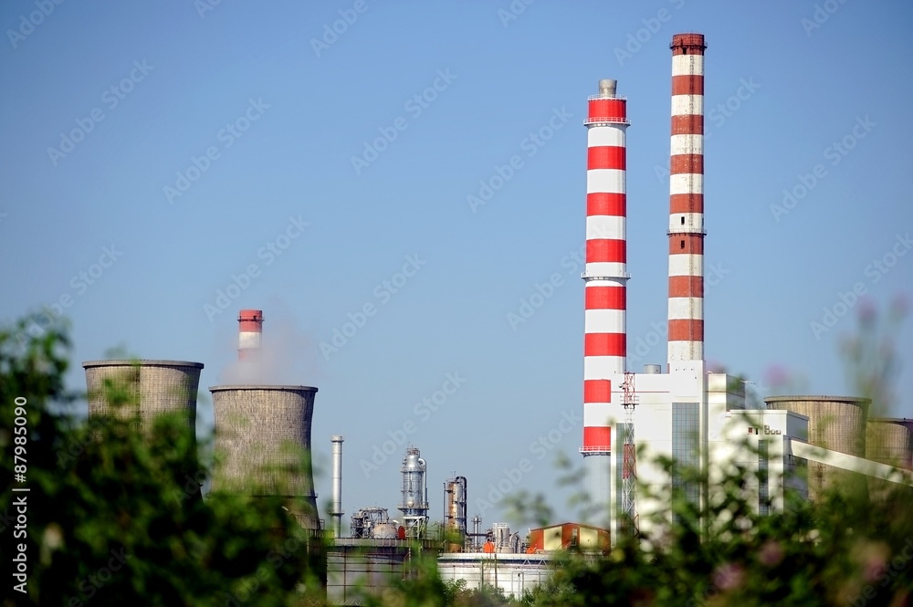 Petrochemical plant seen through green bushes Petrochemical plant seen through green bushes