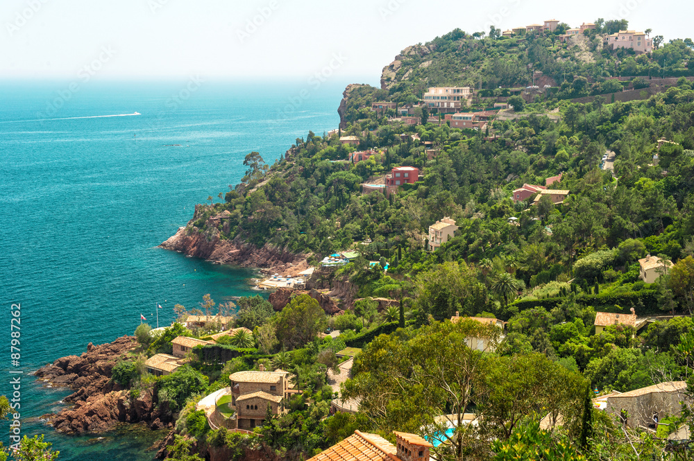 Mediterranean landscape, view of village and coastline, french r