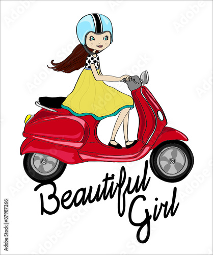 Girl on scooter.Vector creative flat design scooter icon.T-shirt Graphics.Illustration of a Girl Happily Driving a Scooter.Vector Cute beautiful fashionable girl.design for children's books.cute girl