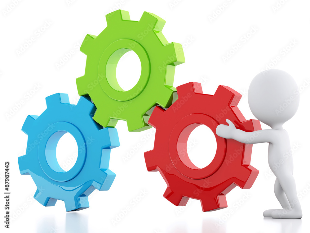 3d White business people and gear mechanism 3d White business people and gear mechanism